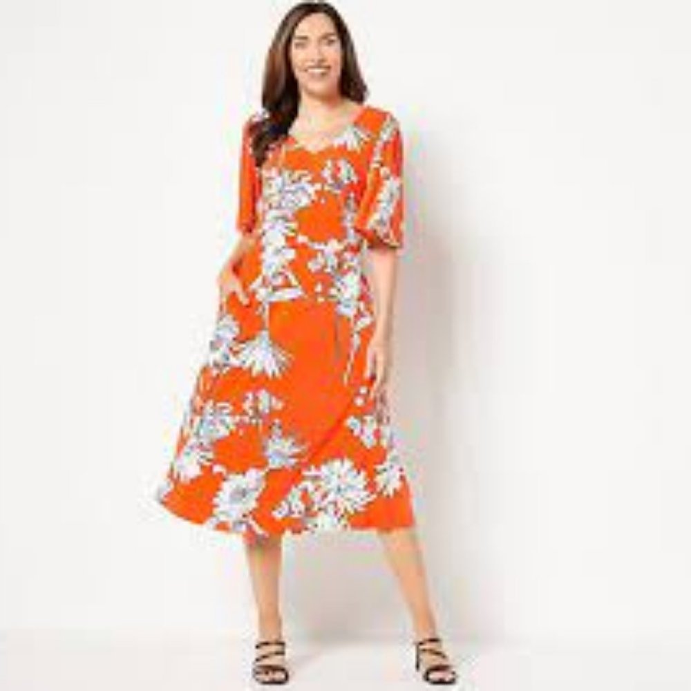NWT GIRL CURVES TALL KNIT MIDI DRESS FLUTTER SLEEVES TANGERINE FLORAL XXS (TALL)